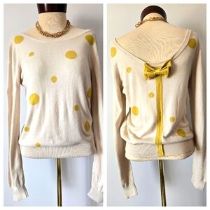 NÜMPH Anthropologie Cream and Yellow Polka Dot Sweater with Back Bow. Size M